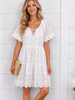 Tolani L white 100% cotton eyelet tiered cottagecore short sleeve midi dress